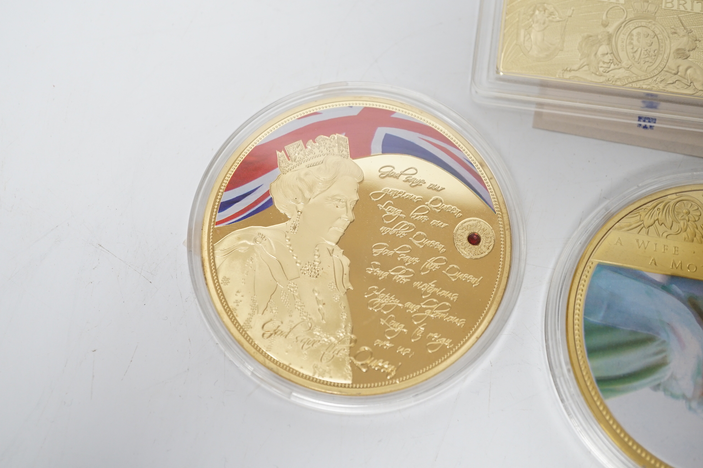 Five large gold plated commemorative medallions for VE Day, Princess Diana, The Queen, etc.